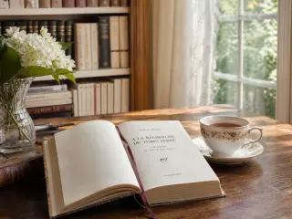 Open Proust book and teacup on a sunlit wooden table in a cozy living room with bookshelves in the background.