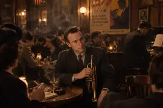 Elegant man holding a trumpet at a small table in a dimly lit 1940s Parisian jazz club, with patrons and musicians among vintage decor.