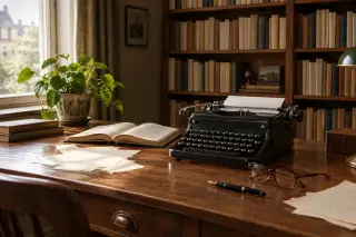 Bureau d’écrivain des années 50 avec machine à écrire, papiers, lunettes et livres, lumière naturelle et ambiance studieuse.