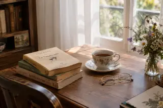 Stack of Colette's vintage books, porcelain teacup, eyeglasses, and wildflowers on a sunlit wooden desk by a window with sheer curtains, creating a calm and reflective mood.
