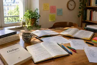 Bureau d’écrivain ordonné, carnets, livres et dictionnaire ouverts, tasse de café, sous une lumière naturelle, ambiance atelier tranquille sans personne visible.
