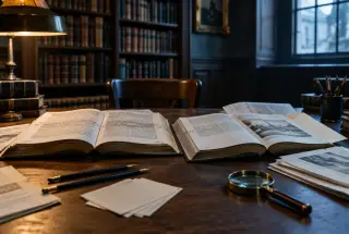 Deux livres ouverts et annotés sur un bureau de bibliothèque, éclairés par une lumière chaude et une lumière froide, évoquant la lecture critique de Céline.