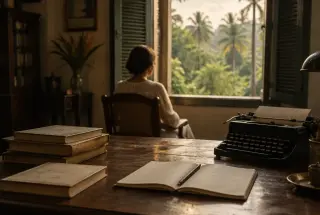 Bureau d’écrivaine dans une maison coloniale d’Indochine, avec une femme contemplant la végétation tropicale depuis une fenêtre.